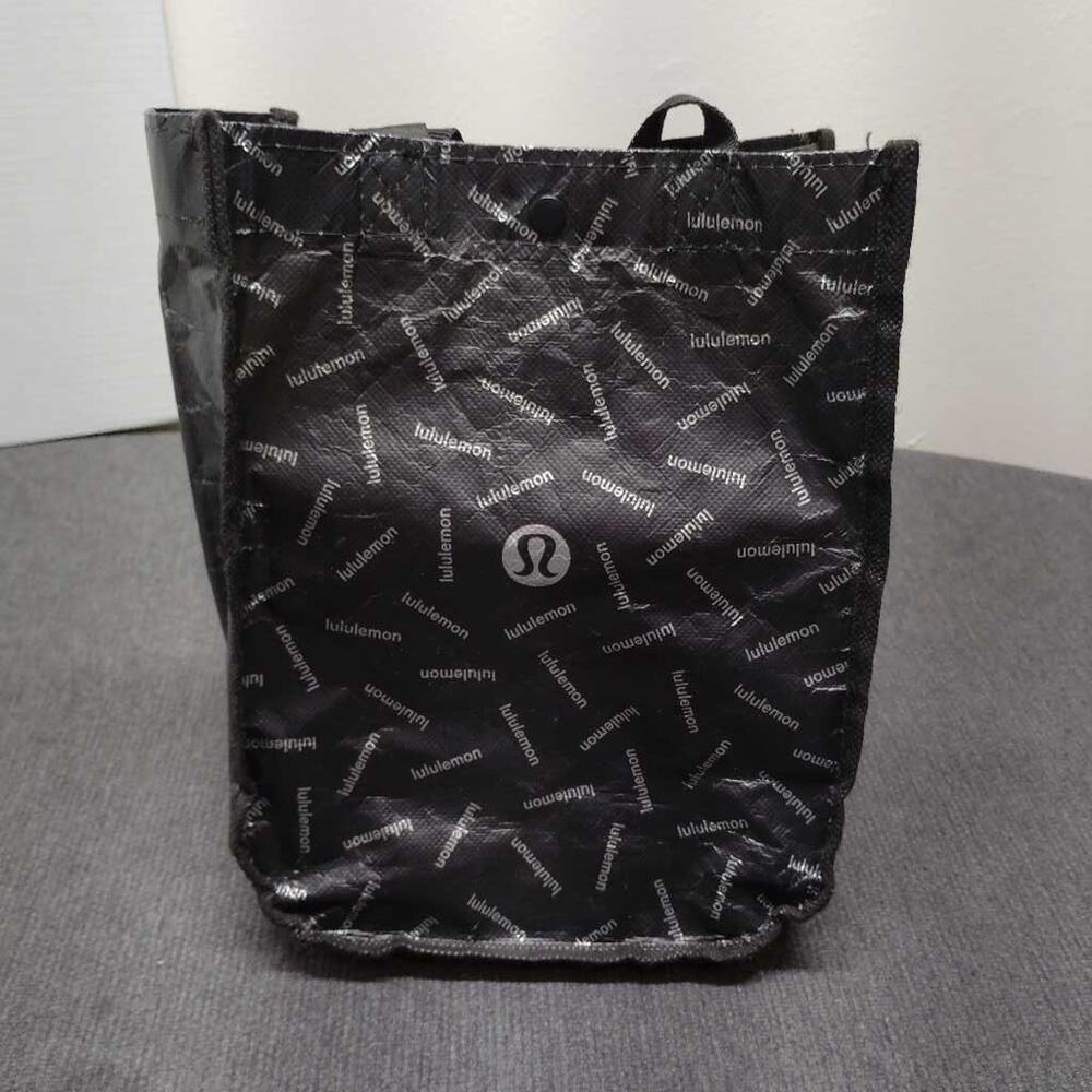 Lululemon Reusable Shopping Tote Bag Black White All Over Logo Print Small Gym